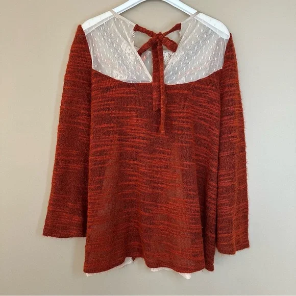 Ryu M/L Boho Sweater Bell Sleeve Cottagecore Hippie Mixed Media Artsy Rust Orang - Picture 4 of 15